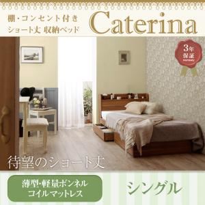 収納ベッド シングル【Caterina】【薄型・軽量ボンネルコイルマットレス付き】フレームカラー：ウォルナットブラウン カバーカラー：モカブラウン ショート丈 棚・コンセント付き収納ベッド【Caterina】カテリーナ