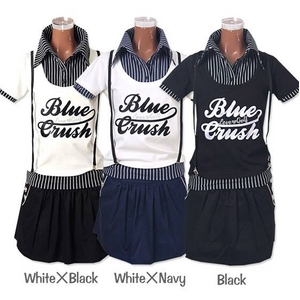 BLUE CRUSH(ブルークラッシュ) レディース ゴルフウエア サスペンダー付きロゴ 上下セット 半袖シャツ ショートパンツ 500111 Mサイズ ホワイト×ブラック