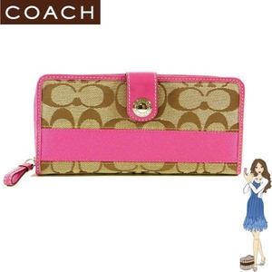 Coach(コーチ) アコーディオン ジップ アラウンド 長財布 シグネチャー ストライプ ピンク 42628