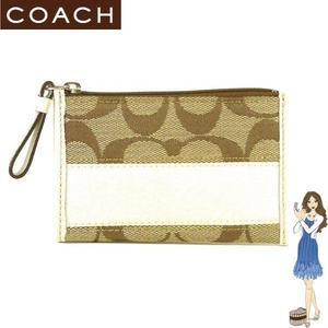 Coach(コーチ) 小銭入れ シグネチャー ストライプ ミニ スキニー カーキ/ホワイト 42626