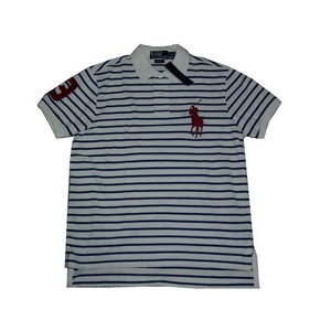 POLO Ralph Lauren(ポロ ラルフローレン) ビッグポニーストライプポロシャツ(半袖) カスタムフィット ホワイト×ブルー Lサイズ