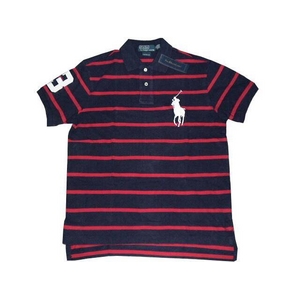 POLO Ralph Lauren（ポロ ラルフローレン） ビッグポニーストライプポロシャツ（半袖） カスタムフィット ネイビー×レッド Sサイズ