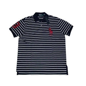 POLO Ralph Lauren(ポロ ラルフローレン) ビッグポニーストライプポロシャツ(半袖) カスタムフィット ネイビー×ホワイト　Lサイズ