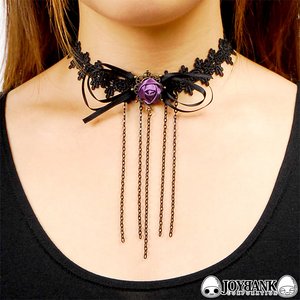 紫の薔薇モチーフ＆チェーン付きブラックレースチョーカー【レースアクセサリー/ネックレス/ハロウィン/クリスマス/イベント/パーティ/仮装/コスプレ】NECK41