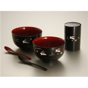 KT2105 ペア刷毛目丼（茶筒・かゆスプーン付）うさぎ 【Kaze-ya style・北市漆器店 】