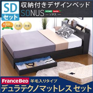 収納付きデザインベッド【ソヌス-SONUS-（セミダブル）】（羊毛入りデュラテクノマットレス付き） ブラックオーク（※マットレス別送）